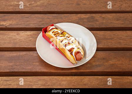 Hot dogo sind sehr einfach zuzubereiten und zu konsumieren, was sie zu einer schnellen und praktischen Option für jeden Anlass macht Stockfoto