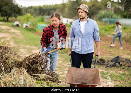 Frau und Mann nehmen einen Haufen Zweige heraus, legen Müll in Schubkarre Stockfoto