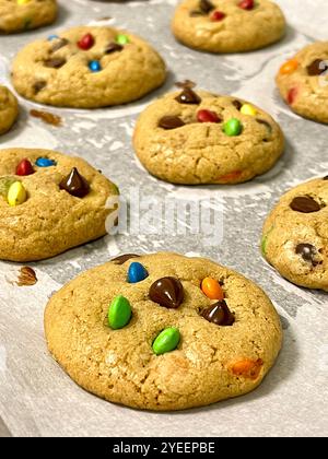 Hausgemachte und frisch gebackene Schokoladen-Chip-Cookies mit Schokoladen-Chips und bunten Schokoladen-Stücken. Stockfoto