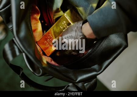 Hochwinkelaufnahme einer nicht erkennbaren männlichen Hand in Lederhandschuh, die Goldbarren in schwarze Ledertasche steckt Stockfoto