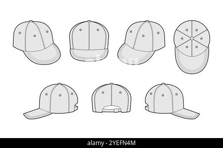 Set Hip-Hop Trucker Cap. Sommer Kopf Mode Accessoire Kleidung technische Illustration. Vektor-Kopfbedeckung für Männer, Frauen, Unisex-Stil, flache Vorlage CAD-Modell Skizze Umriss isoliert Stock Vektor