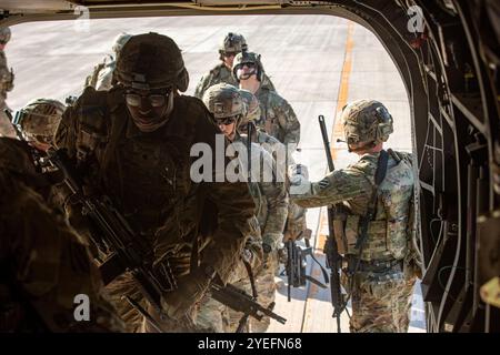 Soldaten der US-Armee, die der Bravo-Kompanie, dem 1. Bataillon, dem 121. Infanterieregiment, der Georgia Army National Guard zugewiesen sind, besteigen einen CH-47 Chinook Hubschrauber, der von der 10. Combat Aviation Brigade im Einsatzgebiet des US Central Command betrieben wird. Das CJTF-OIR berät, unterstützt und befähigt die Partnerkräfte in den dafür vorgesehenen Gebieten Syri weiterhin, die Bedingungen für langfristige Sicherheit und die dauerhafte Niederlage des ISIS zu schaffen. (Foto der US-Armee von Sgt. Jamie Robinson) Stockfoto