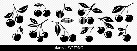 Niedliches Set Mit Schwarzweiß-Ausschnitt In Cartoon-Silhouette Und Kirschsymbol. Einzeln, ein Paar Kirschen und eine Gruppe Kirschen mit Blättern Clipart. Kirschkunst, Design Stock Vektor