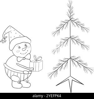 Ein niedlicher Vintage-Schneemann in Stiefeln, Hosen und einem Hut steht neben dem Weihnachtsbaum und hält ein Geschenk. Schwarz-weiße Vektor-Hand gezeichnete Illustration im Zeichentrickstil. Weihnachtliches Element für Design Stock Vektor