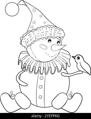 Vintage-Schneemann mit Stiefeln, Rüschen und Hut, der einen niedlichen Vogel hält. Schwarz-weiße Vektor-handgezeichnete Illustration im Zeichentrickstil. Weihnachtselement für Karten, Drucke, Banner und anderes Design Stock Vektor