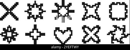 Gepixelte Sterne und Blumen Elementset. Schwarze 8-Bit-Bildsammlung mit Pixeln. Retro-Binär-Funkeln, Glanz, Burst, Glitzer geometrische Form. Pixelsymbolbündel im Y2K-Stil. Vektorabbildung Stock Vektor