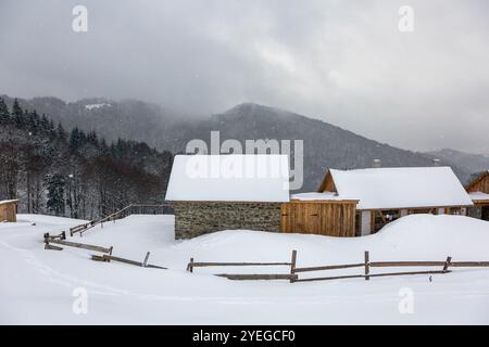 Eine malerische Winterszene mit einer Gruppe von Holzhäusern. Eine ruhige Winterszene mit einer Gruppe von Häusern, die mit Schnee bedeckt sind. Stockfoto