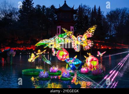 Montreal, Quebec, Kanada. 30. Oktober 2024. Die Gärten des Lichts im Montreal Botanical Garden haben begonnen. Der Gardens of Light Pathway, der zu einer saisonalen Tradition geworden ist, bietet einen spektakulären, immersiven Spaziergang durch beleuchtete First Nations, chinesische und japanische Gärten. (Kreditbild: © Serkan Senturk/ZUMA Press Wire) NUR REDAKTIONELLE VERWENDUNG! Nicht für kommerzielle ZWECKE! Stockfoto