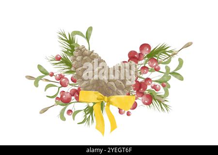 Aquarellillustration Komposition Tannenzapfen, Beeren, Zweige und Mistelbeeren, Goldener Bogen. Digitales Vintage-Weihnachtselement zum Drucken Stockfoto