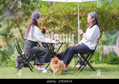 Ein koreanischer Mann und eine Japanerin, beide im Alter von 30 Jahren und ein verheiratetes Paar, genießen in einem stilvollen Café im Herbst einen Brunch mit drei Hunden Stockfoto