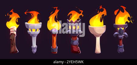 Mittelalterliche Spielfackeln mit leuchtenden gelben und orangen Flammen auf Holz-, Metall- und Steinhaltern mit dekorativen Elementen. Zeichentrickset mit flambeau-Sticks für Symbole der Schnittstelle zur Erforschung von Fantasy-Dungeons. Stock Vektor