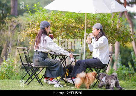 Ein koreanischer Mann und eine Japanerin, beide im Alter von 30 Jahren und ein verheiratetes Paar, genießen in einem stilvollen Café im Herbst einen Brunch mit drei Hunden Stockfoto