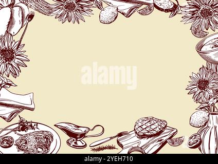 Menüdesign-Vorlage. Spaghetti, Fleischsteak, Soße Boot, Sonnenblumen, Zitrone. Vektorabbildung. Geeignet für Flyer, Banner, Poster, Einladungen. Stock Vektor