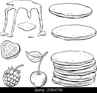 Bereiten Sie Pfannkuchen mit einer Auswahl an köstlichen Belägen und frischem Obst zu. Abbildung der Vektorskizze. Stock Vektor