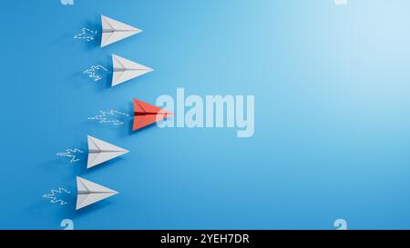 Papierebenen auf weißem Hintergrund. Neue Ideen. Papierkunst. Kreative Idee. Business Competition Concept.3D-Rendering auf blauem Hintergrund. Stockfoto