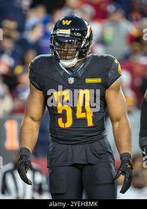 Landover, Maryland, USA. Oktober 2024. Der Linebacker Bobby Wagner (54) der Washington Commanders spielte während des Spiels zwischen den Chicago Bears und den Washington Commanders in Landover, Maryland. Cory Royster/Cal Sport Media (Foto: © Cory Royster/Cal Sport Media). Quelle: csm/Alamy Live News Stockfoto