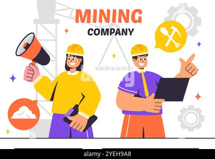 Mining Company Vector Illustration mit schweren gelben Dumper Lkws für industriellen Sandbergbau Prozess oder Transport in einem flachen Hintergrund Stock Vektor