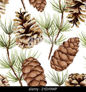 Weihnachtsfichte und Tannenzweig mit Tannenzapfen nahtloses Aquarellmuster auf weiß. Handgezeichnete Illustration für Silvester- und Winterferien in realistischem Stil. Stockfoto