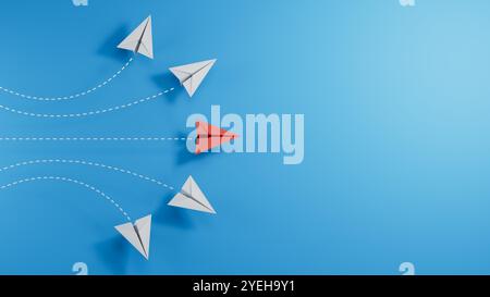 Rangliste oder anderes Konzept mit Flugzeugweg und Routenlinie aus rotem und weißem Papier auf schwarzem Hintergrund. Digitales Handwerk im Bildungsbereich oder im Reisebereich Stockfoto
