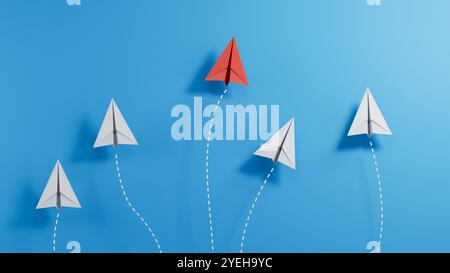 Rangliste oder anderes Konzept mit Flugzeugbahn und Routenlinie aus rotem und weißem Papier auf blauem Hintergrund. Digitales Handwerk im Bildungswesen oder im Geheimen Stockfoto