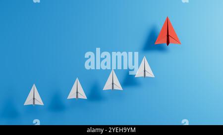 Minimale rote und weiße Papierebene auf blauem Hintergrund. Business, Leaderplane-Konzept. 3D-Rendering.3D-Rendering auf blauem Hintergrund. Stockfoto