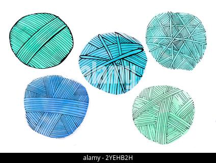 Ein Satz von Garnbällen zum Stricken in verschiedenen Farben. Isoliert auf weißem Hintergrund. Schwarze Konturzeichnung und Aquarell. Verschiedene Farbtöne von bl Stockfoto