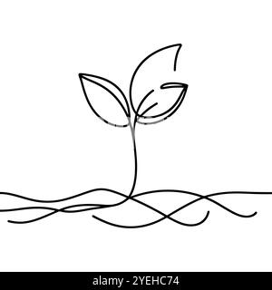 Minimalistische einzeilige Kunst eines Sprosses, der aus dem Boden wächst und Natur, Wachstum und Neuanfänge symbolisiert Stock Vektor