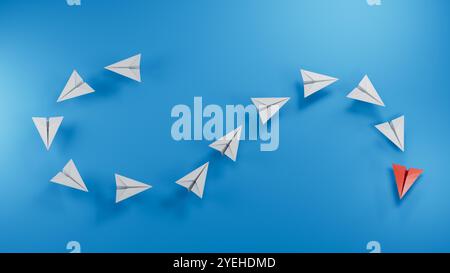 Einzelne rote Führungslinie, Papierflugzeug, andere. Business- und Ranglistenkonzepte. Neue Ideen. Papierkunst. Creative IDEA.3D-Rendering auf blauem Hintergrund Stockfoto