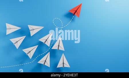 Leaderplane und Papierflugzeuge. Neue Ideen. Papierkunst. Creative IDEA.3D-Rendering auf blauem Hintergrund. Stockfoto