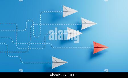 Leaderplane oder anderes Konzept. Unternehmensinvestitionen zum Erfolg. Rote und weiße Papierlinie für Flugzeuge auf blauem Hintergrund.3D-Rendering auf blauer Rückseite Stockfoto
