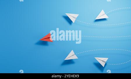 Leaderplane oder anderes Konzept. Unternehmensinvestitionen zum Erfolg. Rote und weiße Papierlinie für Flugzeuge auf blauem Hintergrund.3D-Rendering auf blauer Rückseite Stockfoto