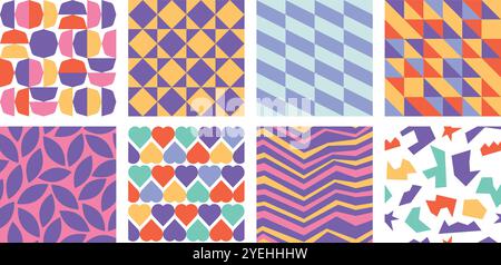 Set aus farbenfrohen geometrischen Mustern im Stil der 90er Jahre mit Formen auf weißem Hintergrund Stock Vektor
