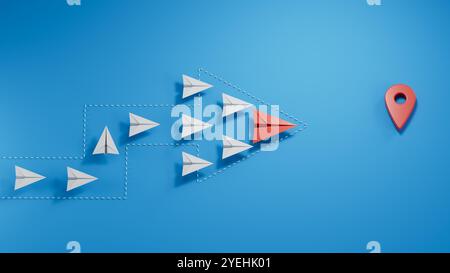 Rotes Papierflugzeug führt zwischen der weißen Ebene zum Ziel. Business Leaderplane, Leaderplane, Teamwork, Start Up.3D-Rendering auf blauem Hintergrund. Stockfoto