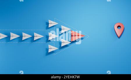 Rotes Papierflugzeug führt zwischen der weißen Ebene zum Ziel. Business Leaderplane, Leaderplane, Teamwork, Start Up.3D-Rendering auf blauem Hintergrund. Stockfoto