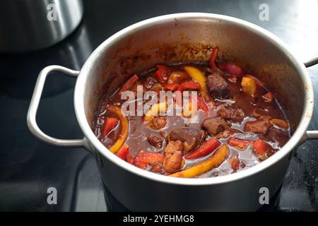 Paprika-Gulasch wird in einem Edelstahltopf auf einem schwarzen Keramikkochfeld geschmort, zuhause gekocht, ausgewählter Fokus, geringe Schärfentiefe Stockfoto