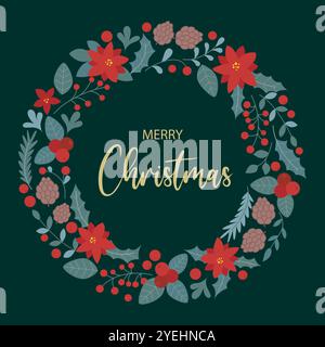 Runder festlicher Kranz mit Merry Christmas Schriftzug. Traditioneller Rand mit stechpalmenblättern, Beeren, Blumen, Kräutern und Grüßen. Vorlage für das neue Jahr Stock Vektor