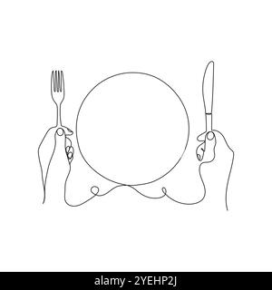 Leeren Sie den Teller und die Hände, die Besteck, Gabel und Messer halten. Restaurant mit Abendessen. Restaurantkonzept in einzeiliger Zeichnung. Vektorabbildung. Stock Vektor