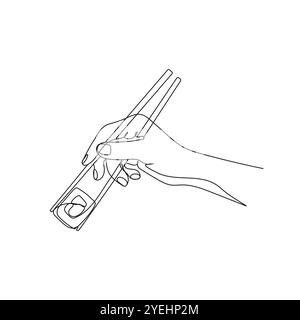 Halten Sie den Essstäbchen mit der Hand, um Sushi-Brötchen zu essen. Einzeilige Art. Handgezeichnete Vektorgrafik. Stock Vektor