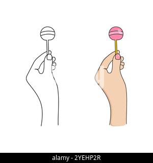 Lutscher in der Hand halten. Chupachups Süßigkeiten. Handgezeichnete Vektorgrafik. Stock Vektor