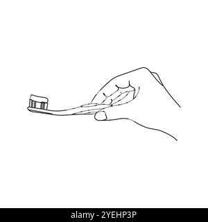 Die Hand hält eine Zahnbürste mit Zahnpasta. Reinigung des Mundhöhlenkonzepts. Handgezeichnete Linienvektorgrafik. Stock Vektor