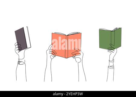 Gruppe von erhabenen Leuten, die Bücher halten. Zeichnungsstil mit einer Linie. Lesen, Bildungskonzept. Handgezeichnete Vektorgrafik. Stock Vektor