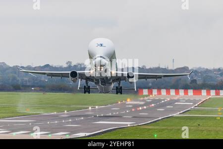 Airbus BelugaXL A330-743L mit Abfahrt vom Flughafen Hawarden in der Nähe von Chester am 30. Oktober 2024. Stockfoto