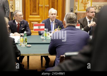 ÖSTERREICH; WIEN; 20241031; Vorsitzender der Freiheitlichen Partei Österreichs (FPOe) Herbert Kickl, Parlamentspräsident Walter Rossenkranz, Generalsekretär der FPOe Christian Hafenecker beim Besuch des ungarischen Ministerpräsidenten Viktor Orban im Wiener Parlament am 31. Oktober 2024. /// ÖSTERREICH; WIEN; 20241031; Obmann der Freihheitlichen Partei Österreich (FPÖ) Herbert Kickl, Parlamentspräsident Walter Rossenkranz, Generalsekretär der FPÖ Christian Hafenecker während des Besuchs des Ungarischer Premierminister Viktor Orban im Parlament in Wien am 31. Oktober 2024. - 20241031 PD1796 Stockfoto