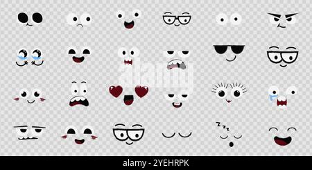 Gesichts-Emotionen, Comic-Ausdrücke, niedliche verrückte Augen-Sammlung isoliert. Lachen Sie mit lustigen Comic-Designelementen. Emotionales Comic-Gesicht mit Augen, Mund, Zunge und Zähnen. Vektorabbildung Stock Vektor