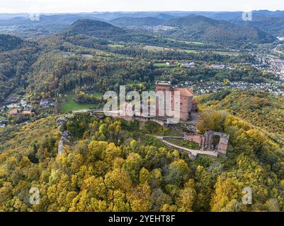 Luftaufnahme, Reichsburg Trifels, Annweiler, Pfalz, Rheinland-Pfälzer Wald im Herbst, Deutschland, Europa Stockfoto