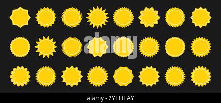Satz gelber Starburst-Preis. Sunburst-Abzeichen. Sternaufkleber-Vektor auf dunklem Hintergrund. Einfache Etiketten in flacher Ausführung Stock Vektor