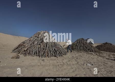 Palästinensische Arbeiter hacken verbranntes Holz an einer Produktionsstätte für Holzkohle in Khan Yunis im südlichen Gazastreifen palästinensische Arbeiter hacken verbranntes Holz an einer Produktionsstätte für Holzkohle in Khan Yunis im südlichen Gazastreifen am 30. Oktober 2024, während der Krieg zwischen Israel und der Hamas im palästinensischen Gebiet andauerte. Foto: Omar Ashtawy apaimages Khan Yunis Gazastreifen palästinensisches Gebiet 311024 KhanYunis OSH 0050 Copyright: XapaimagesxOmarxAshtawyxapaimagesx Stockfoto