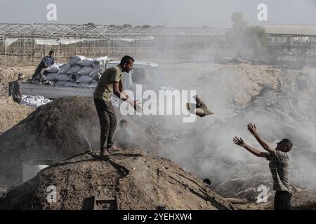 Palästinensische Arbeiter hacken verbranntes Holz an einer Produktionsstätte für Holzkohle in Khan Yunis im südlichen Gazastreifen palästinensische Arbeiter hacken verbranntes Holz an einer Produktionsstätte für Holzkohle in Khan Yunis im südlichen Gazastreifen am 30. Oktober 2024, während der Krieg zwischen Israel und der Hamas im palästinensischen Gebiet andauerte. Foto: Omar Ashtawy apaimages Khan Yunis Gazastreifen palästinensisches Gebiet 311024 KhanYunis OSH 002 Copyright: XapaimagesxOmarxAshtawyxapaimagesx Stockfoto