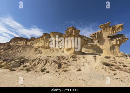 Wüstenlandschaft mit Erosion, natürlichen Formationen in Bolnuevo, Murcia, Spanien, Europa Stockfoto