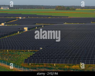 Weitläufige Solarpaneel-Farm in Litauen mit üppigen grünen Feldern Stockfoto